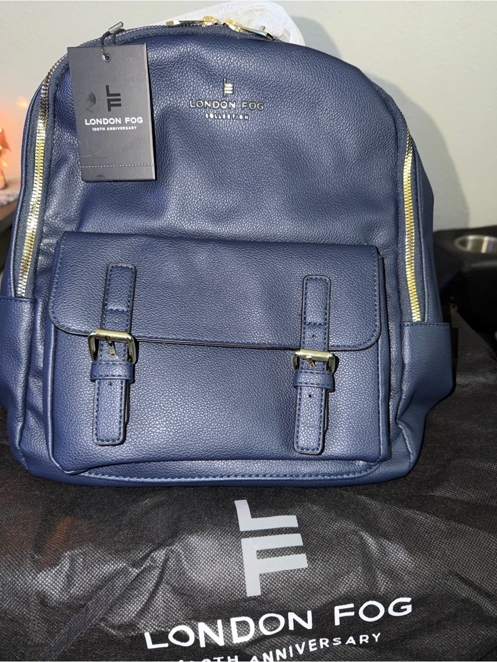 London Fog Navy Faux-Leather Backpack with Gold Hardware